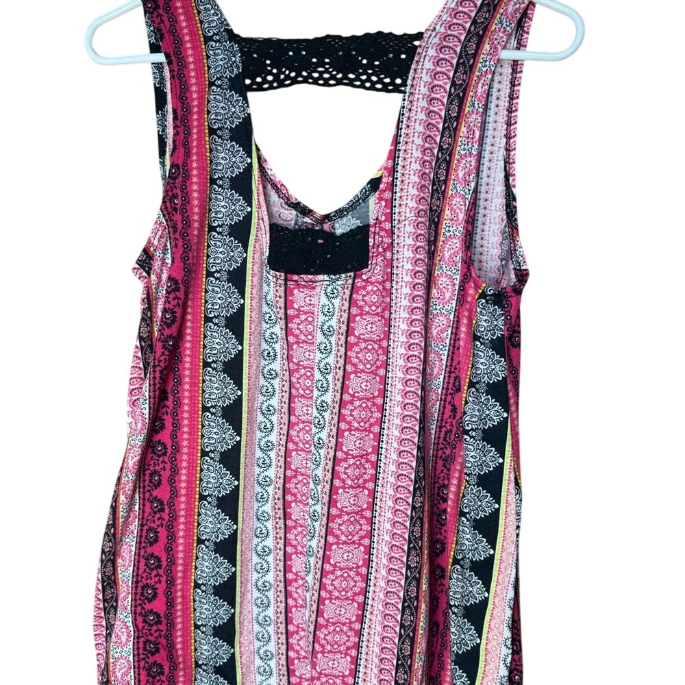 Bobbie Brooks Womens Pink Black Paisley Boho Lace Back Tank Top Large